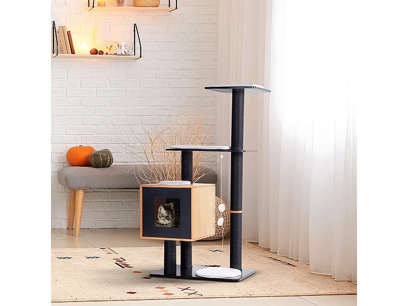 Arbre à chats design contemporain griffoirs grattoirs sisal naturel centre d'activités niche plate-formes jeu boules suspendues 71L x 49l x 120H cm MDF noir hêtre