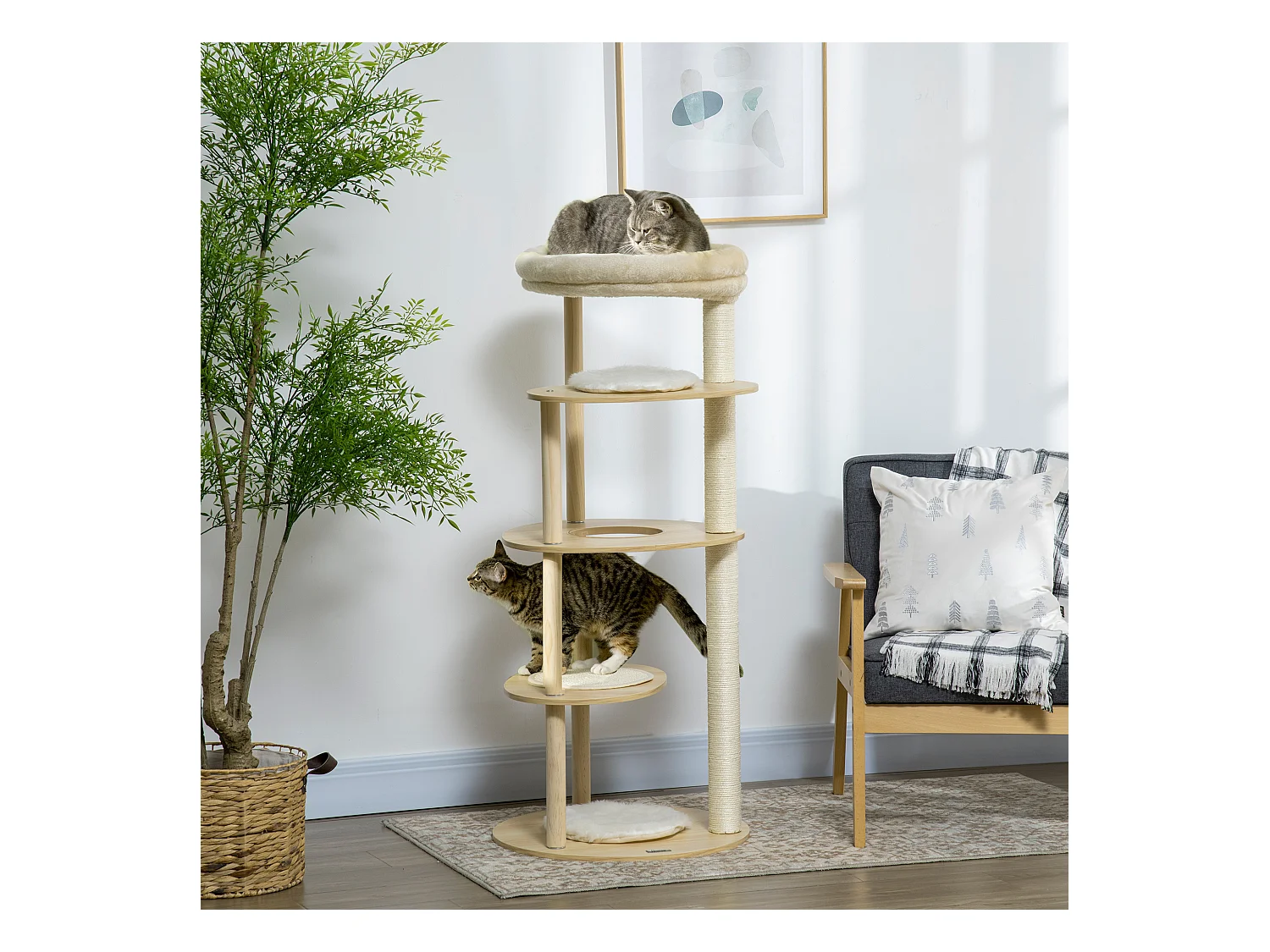 Arbre à chat style nordique griffoir sisal naturel 4 plateformes coussins panier d'observation amovible bois pin panneaux bois clair