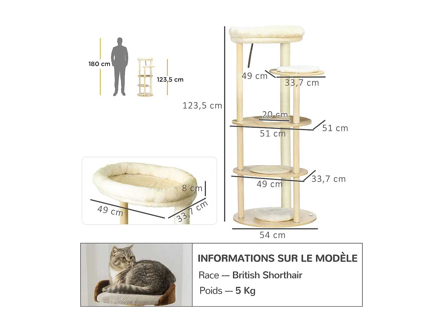 Arbre à chat style nordique griffoir sisal naturel 4 plateformes coussins panier d'observation amovible bois pin panneaux bois clair