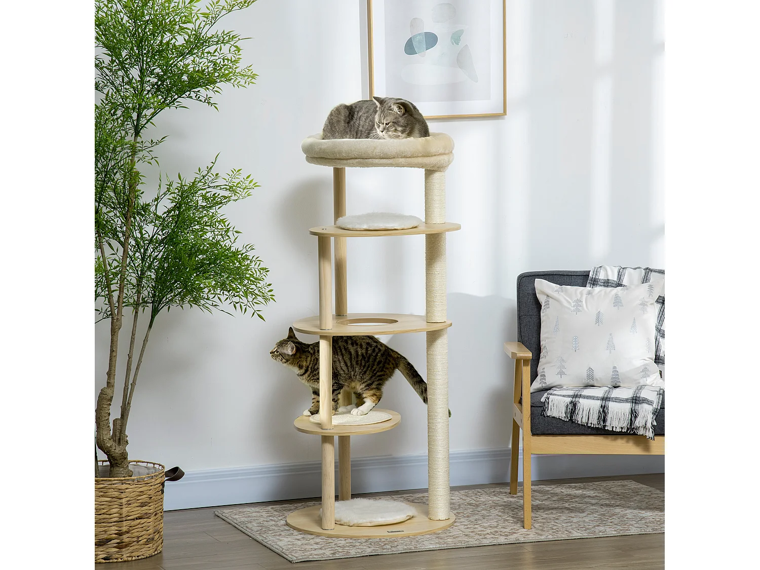 Arbre à chat style nordique griffoir sisal naturel 4 plateformes coussins panier d'observation amovible bois pin panneaux bois clair