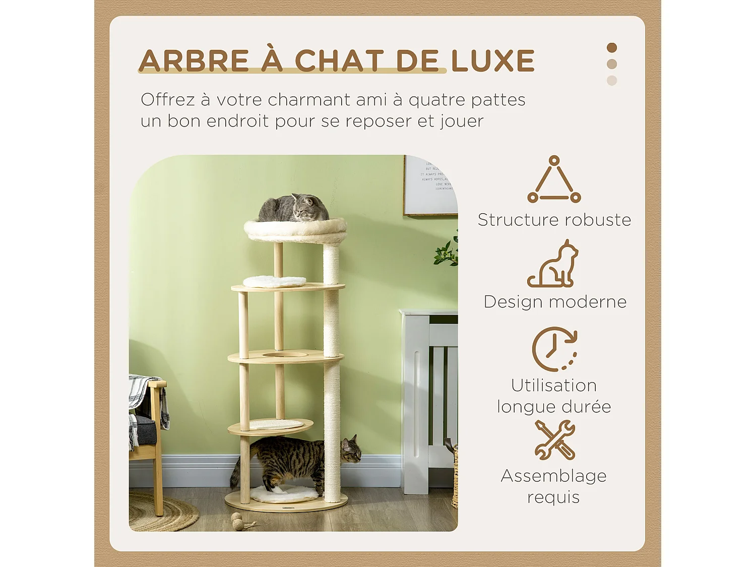 Arbre à chat style nordique griffoir sisal naturel 4 plateformes coussins panier d'observation amovible bois pin panneaux bois clair