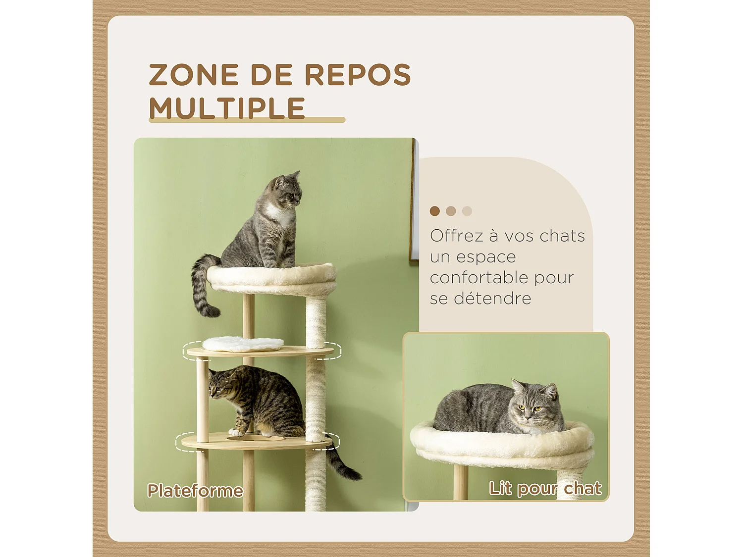 Arbre à chat style nordique griffoir sisal naturel 4 plateformes coussins panier d'observation amovible bois pin panneaux bois clair