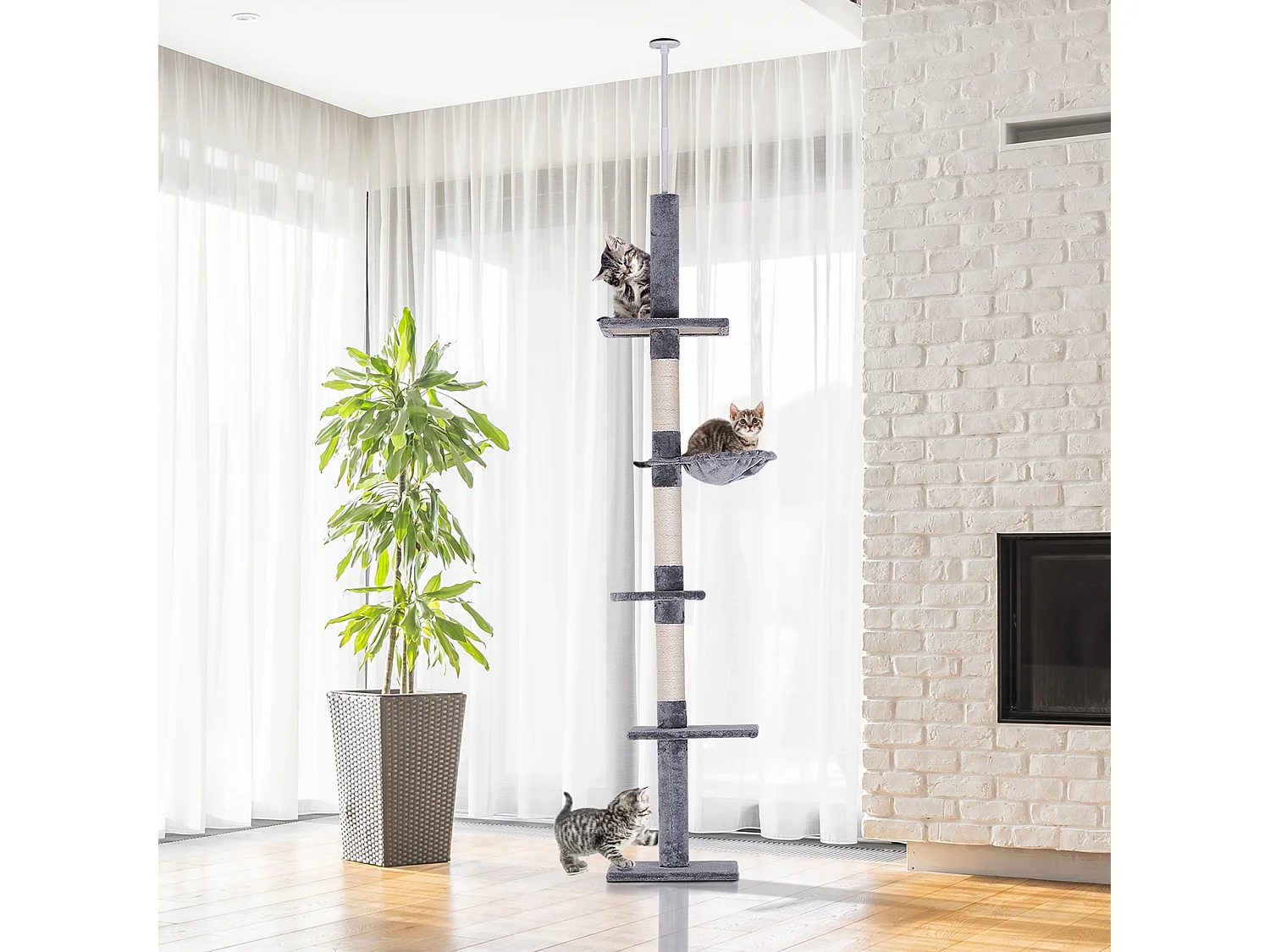 Arbre à chat poteau à griffer L40 x l 34 x H 230-260 cm 5 niveaux d'activités gris