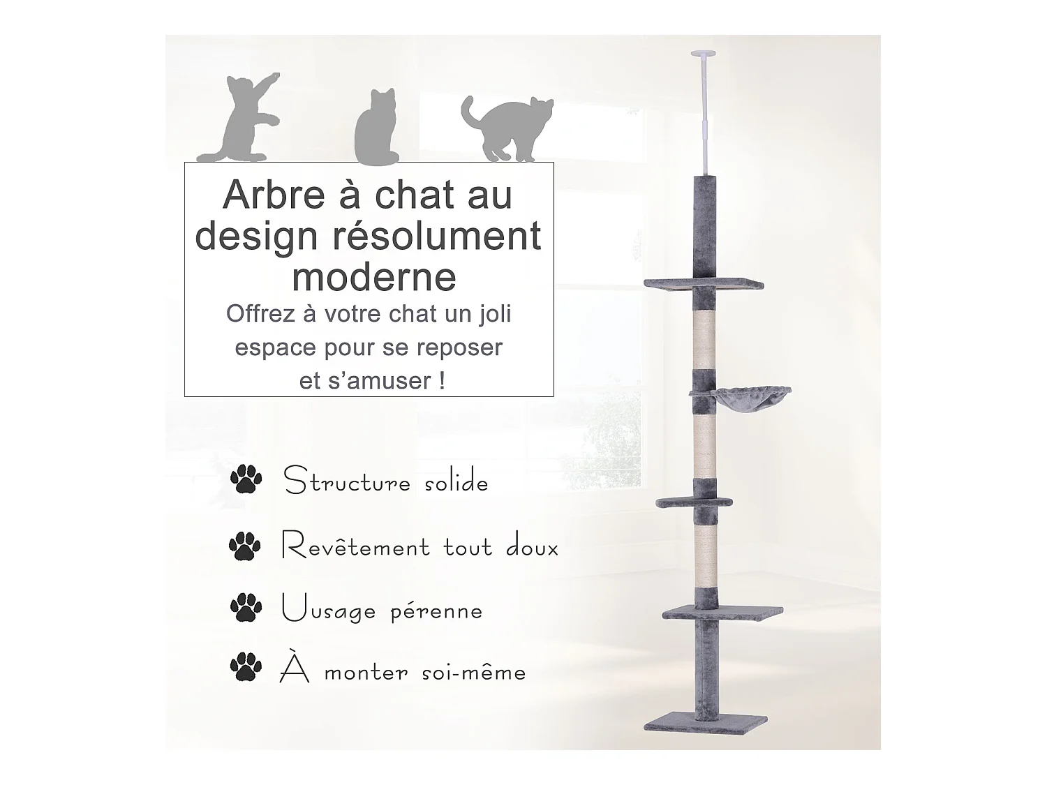 Arbre à chat poteau à griffer L40 x l 34 x H 230-260 cm 5 niveaux d'activités gris