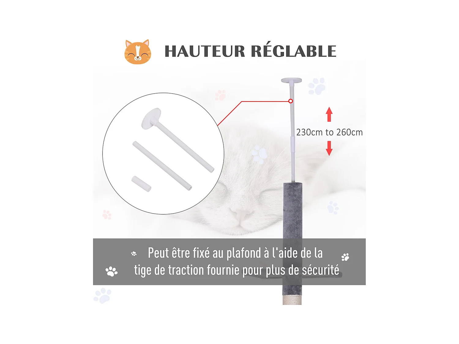 Arbre à chat poteau à griffer L40 x l 34 x H 230-260 cm 5 niveaux d'activités gris