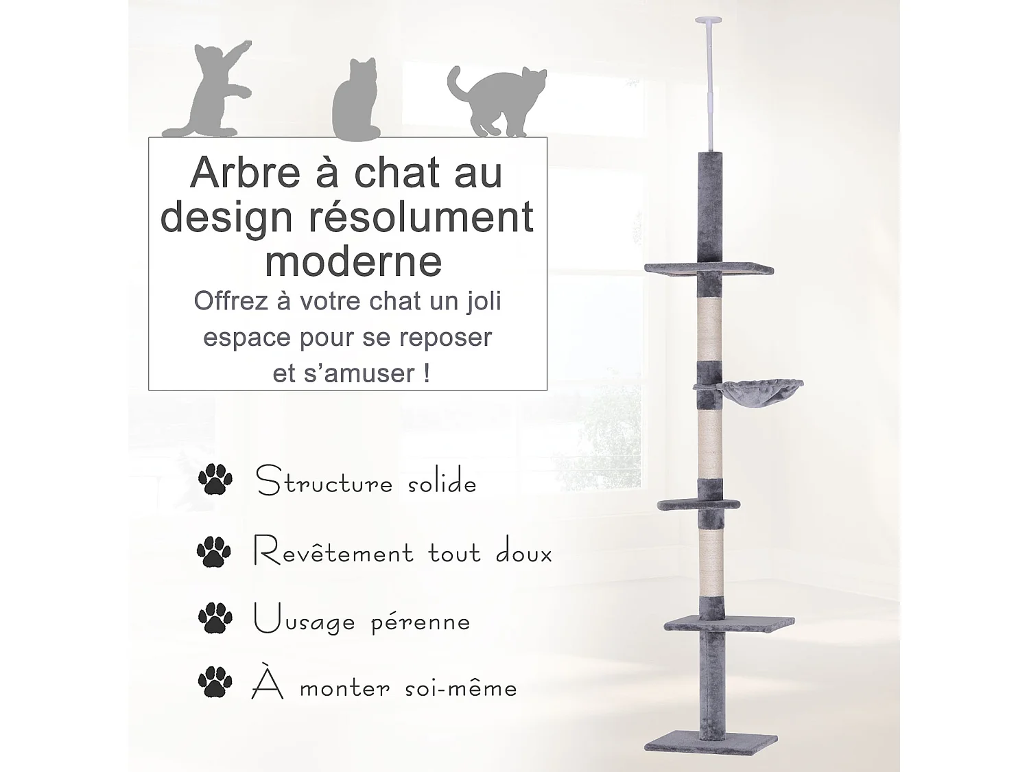Arbre à chat poteau à griffer L40 x l 34 x H 230-260 cm 5 niveaux d'activités gris