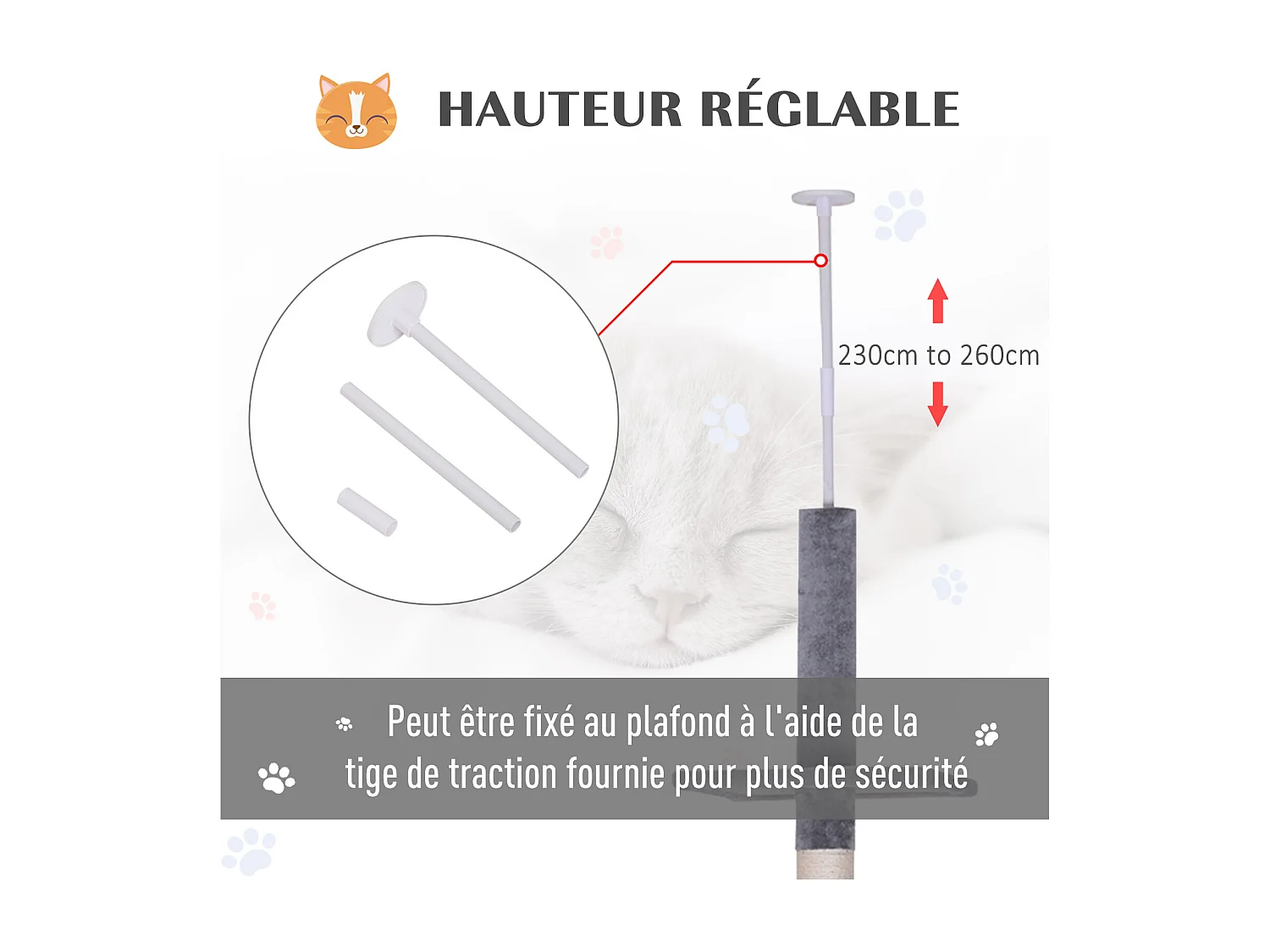 Arbre à chat poteau à griffer L40 x l 34 x H 230-260 cm 5 niveaux d'activités gris