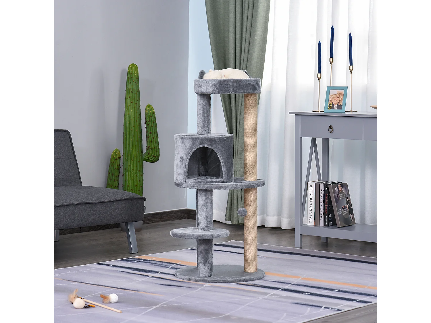Arbre à chats multi-équipements griffoirs grattoirs plateformes niche jeu boule suspendue Ø 48 x 104H cm gris