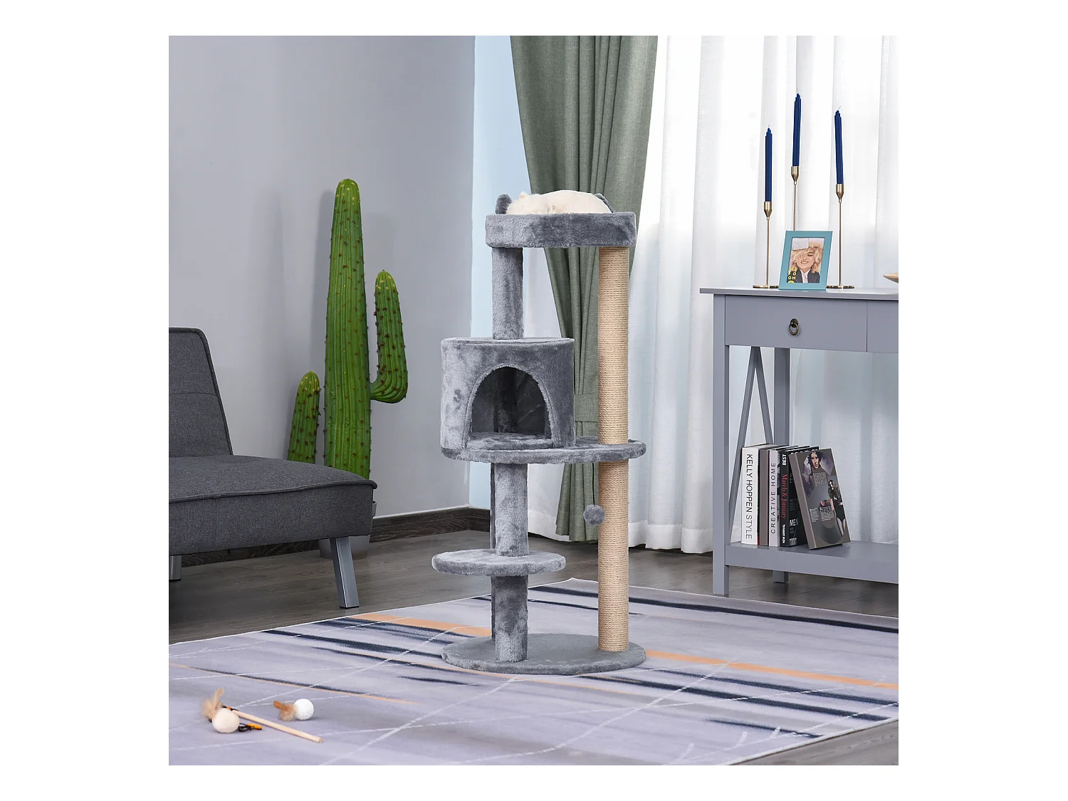 Arbre à chats multi-équipements griffoirs grattoirs plateformes niche jeu boule suspendue Ø 48 x 104H cm gris