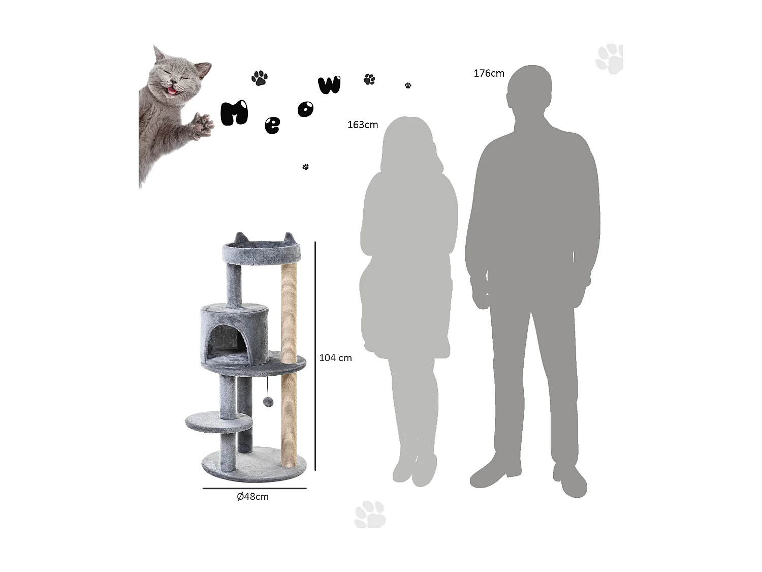 Arbre à chats multi-équipements griffoirs grattoirs plateformes niche jeu boule suspendue Ø 48 x 104H cm gris