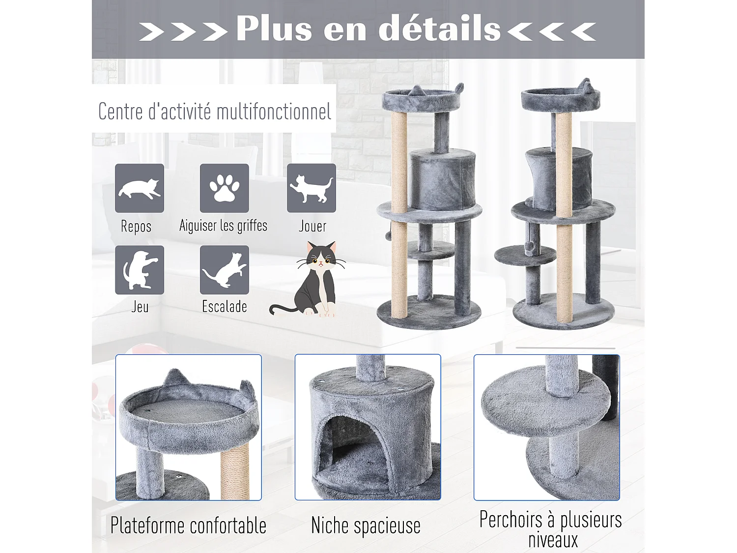 Arbre à chats multi-équipements griffoirs grattoirs plateformes niche jeu boule suspendue Ø 48 x 104H cm gris
