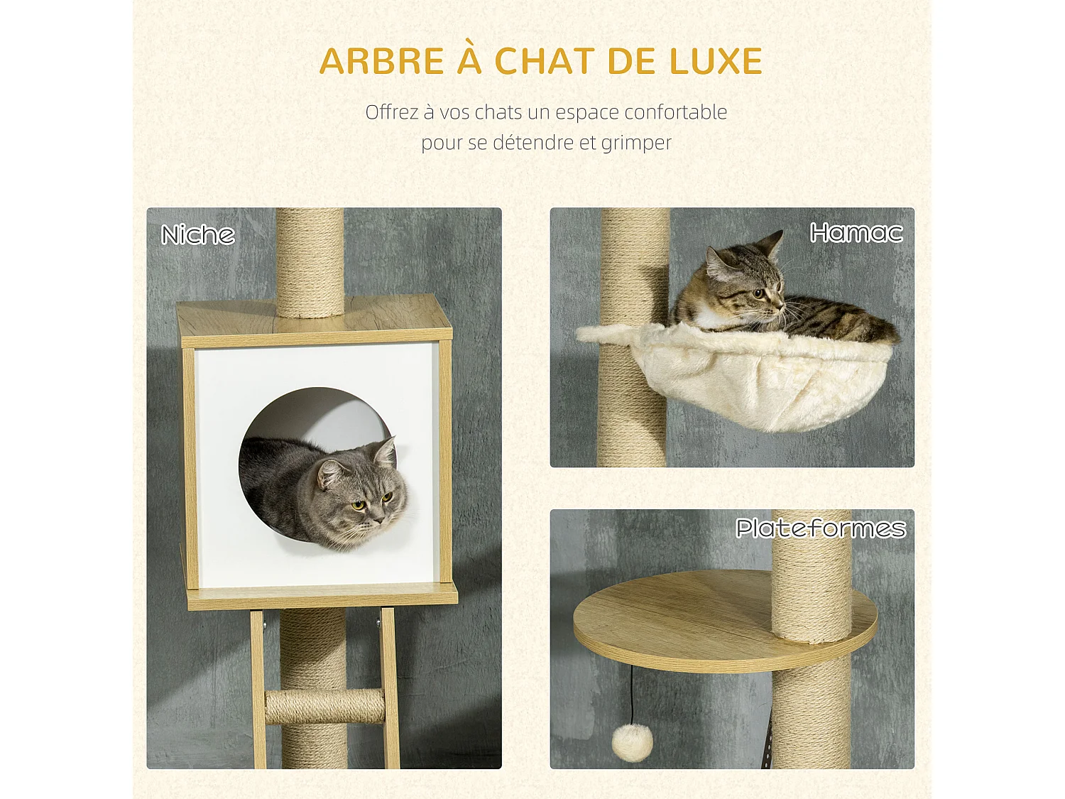 Arbres à chat 2 pièces style nordique - hauteur réglable 225-285H cm - multi-équipement - panneaux aspect chêne clair jute