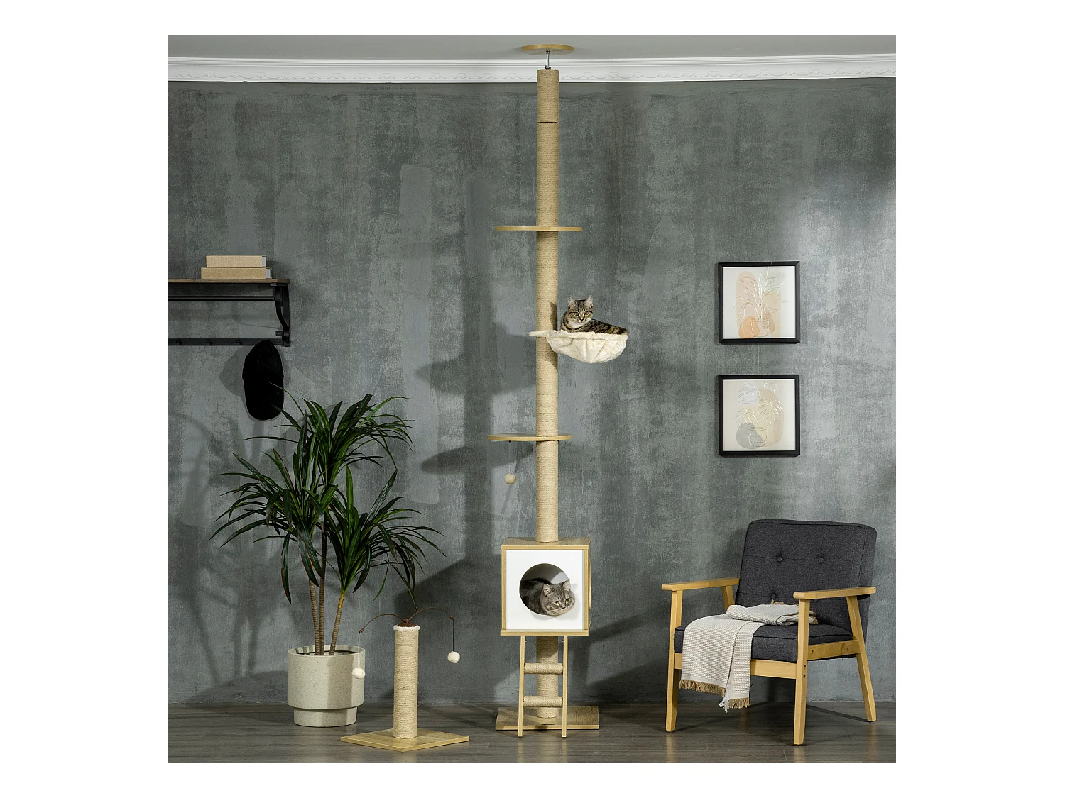 Arbres à chat 2 pièces style nordique - hauteur réglable 225-285H cm - multi-équipement - panneaux aspect chêne clair jute