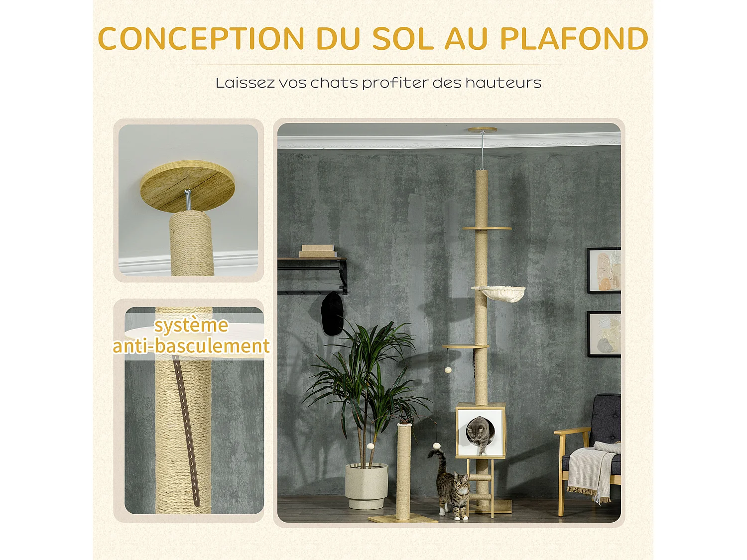 Arbres à chat 2 pièces style nordique - hauteur réglable 225-285H cm - multi-équipement - panneaux aspect chêne clair jute
