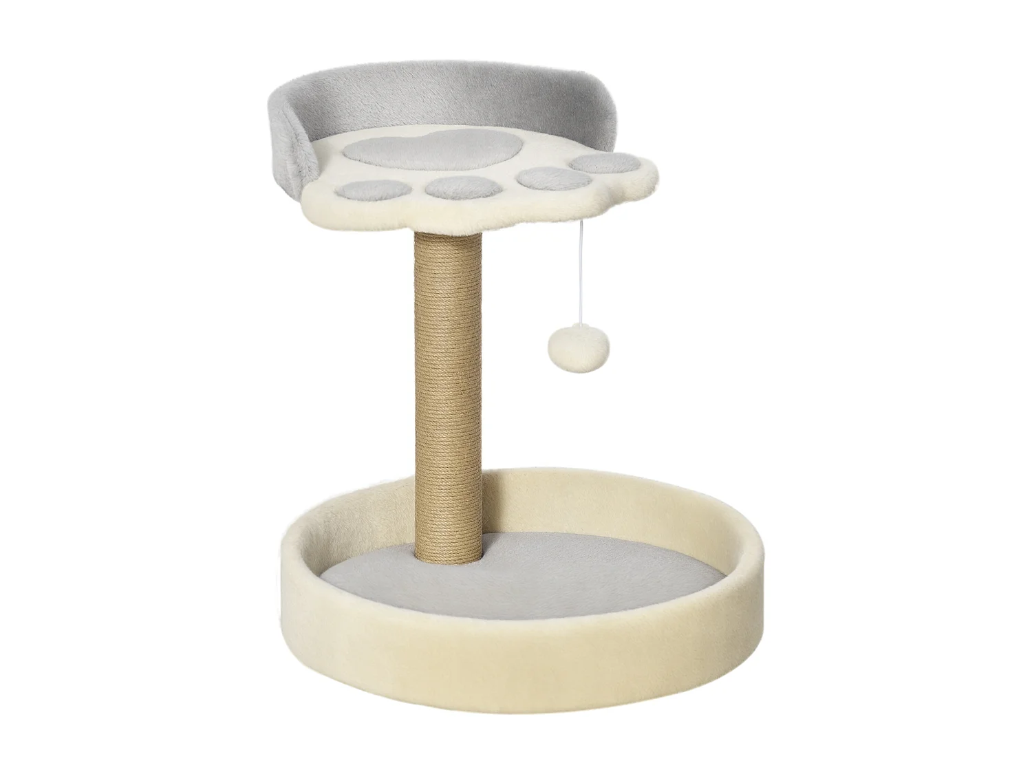 Arbre à chat griffoir design patte de chat jeu boule suspendue panier plateforme observation peluche beige gris jute naturelle