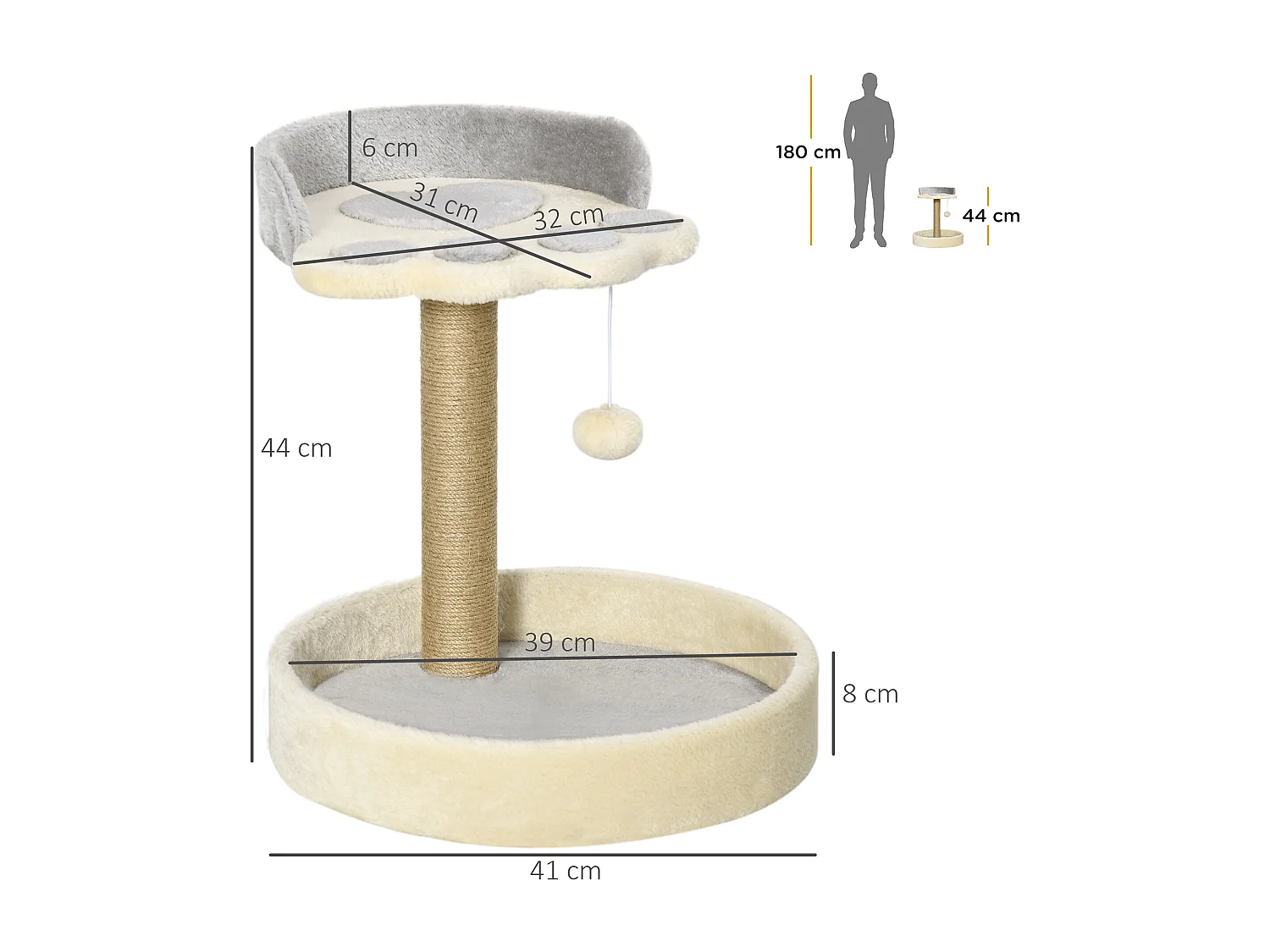 Arbre à chat griffoir design patte de chat jeu boule suspendue panier plateforme observation peluche beige gris jute naturelle