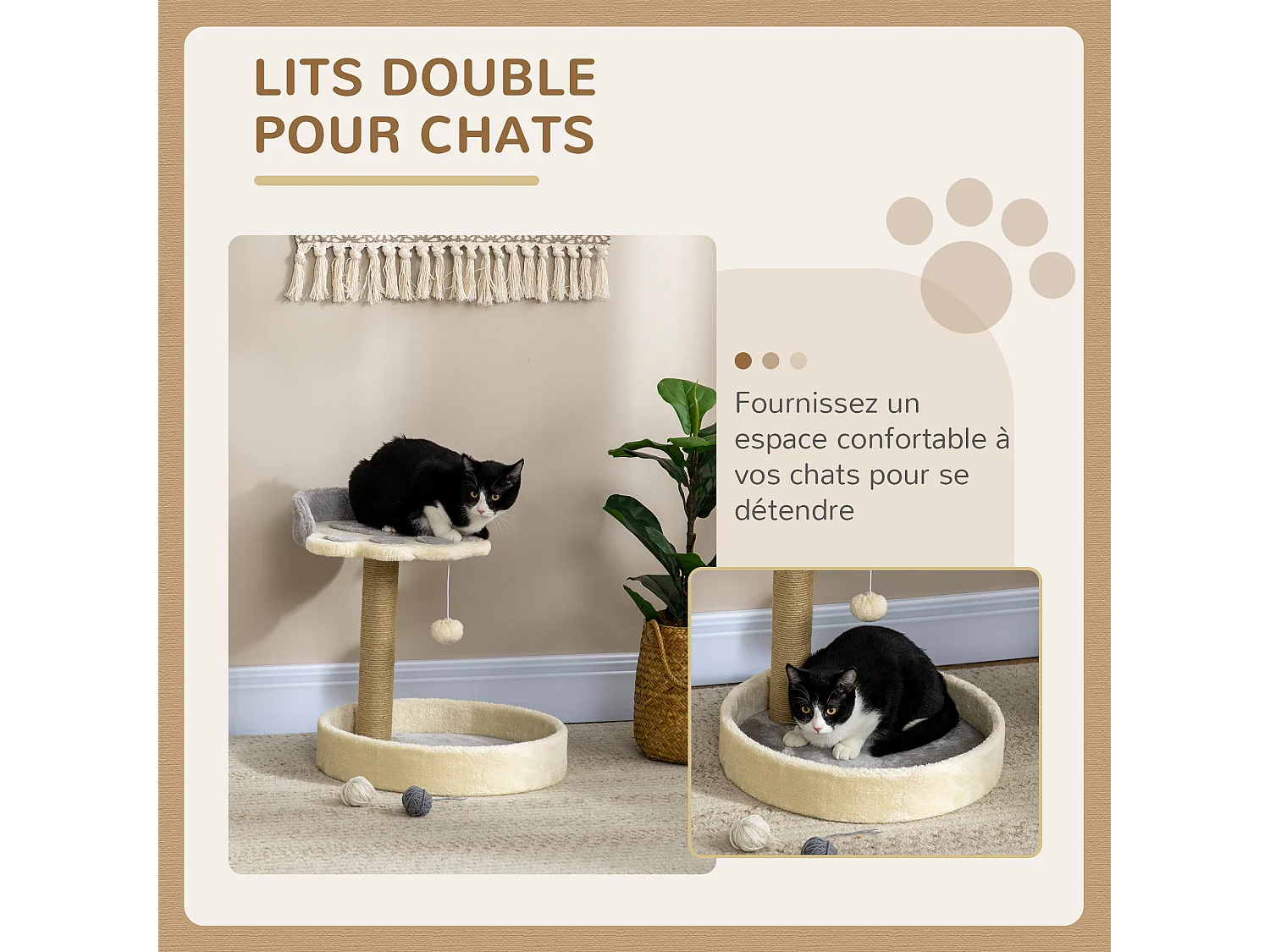 Arbre à chat griffoir design patte de chat jeu boule suspendue panier plateforme observation peluche beige gris jute naturelle