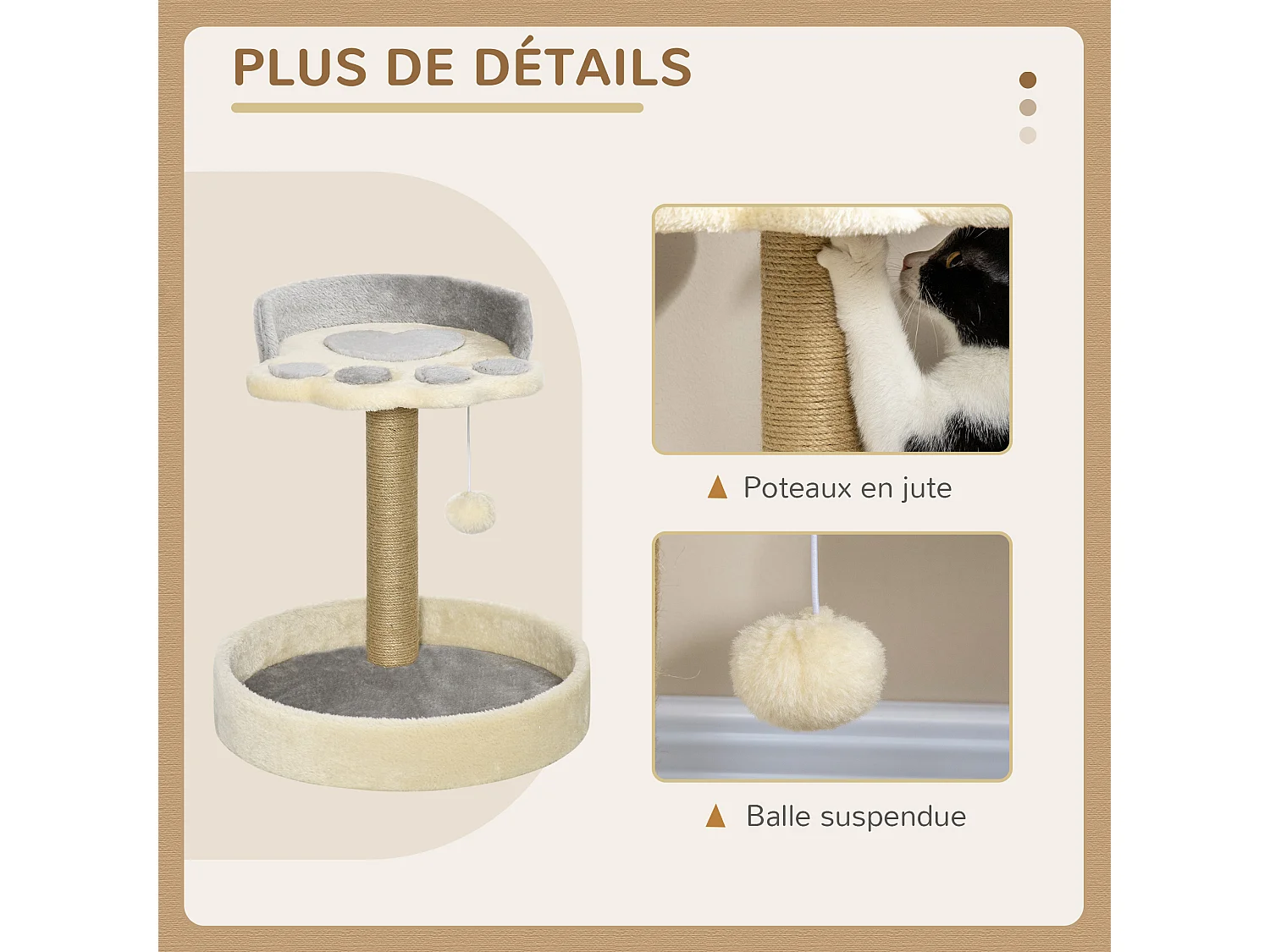 Arbre à chat griffoir design patte de chat jeu boule suspendue panier plateforme observation peluche beige gris jute naturelle