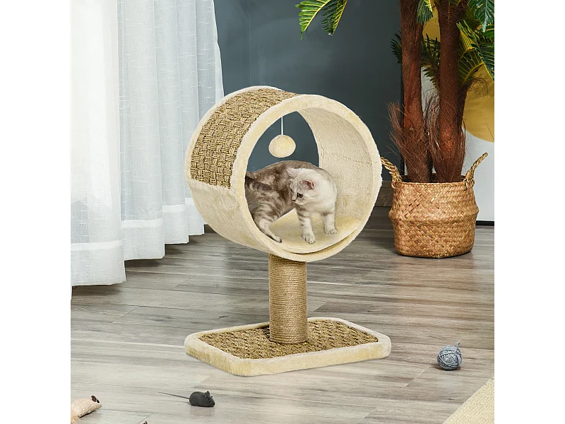 Arbre à chat rond style cosy chic griffoir grattoirs sisal jeu suspendu souris niche avec coussin cordes d'algues tressées peluche courte beige