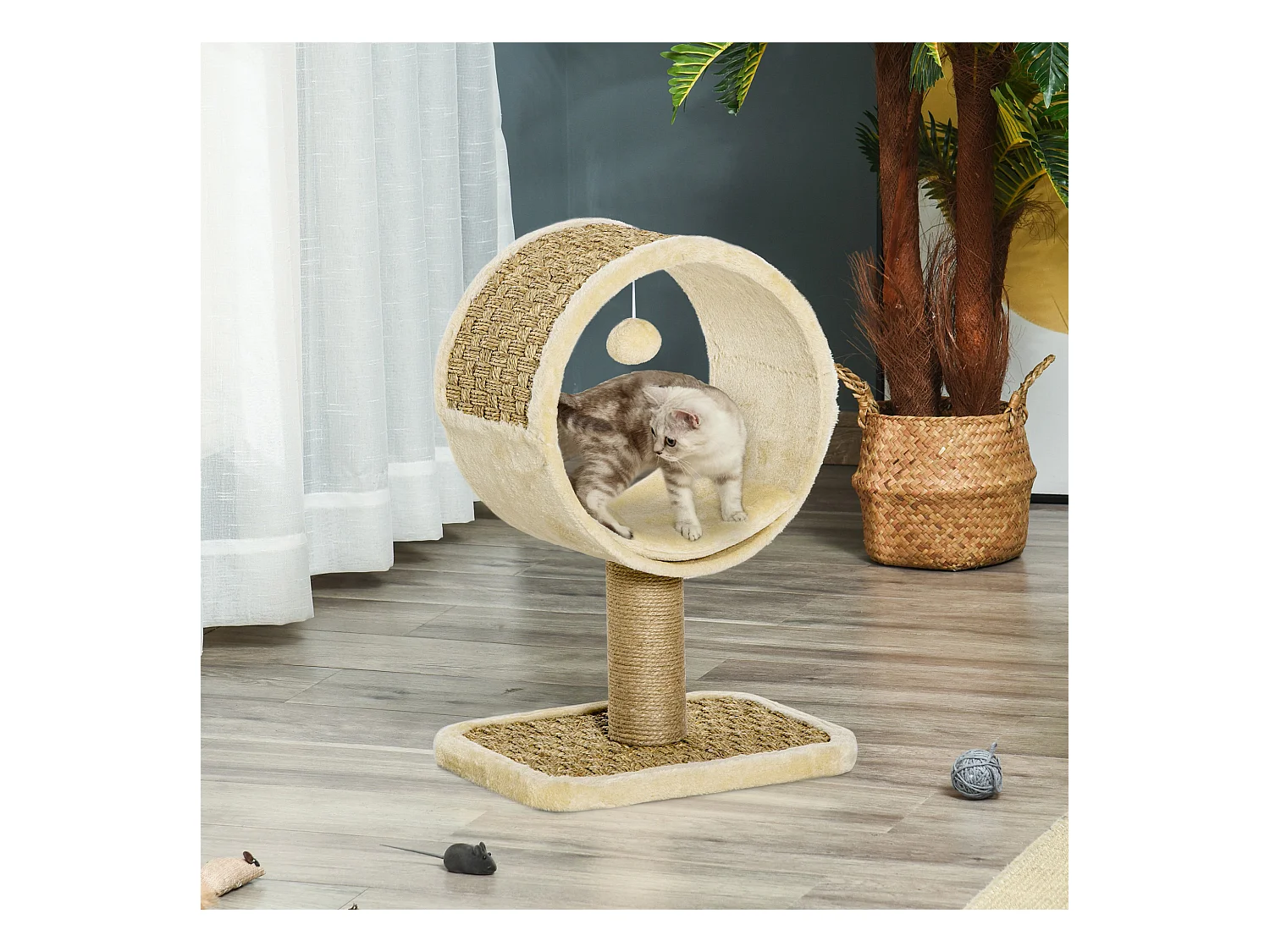 Arbre à chat rond style cosy chic griffoir grattoirs sisal jeu suspendu souris niche avec coussin cordes d'algues tressées peluche courte beige