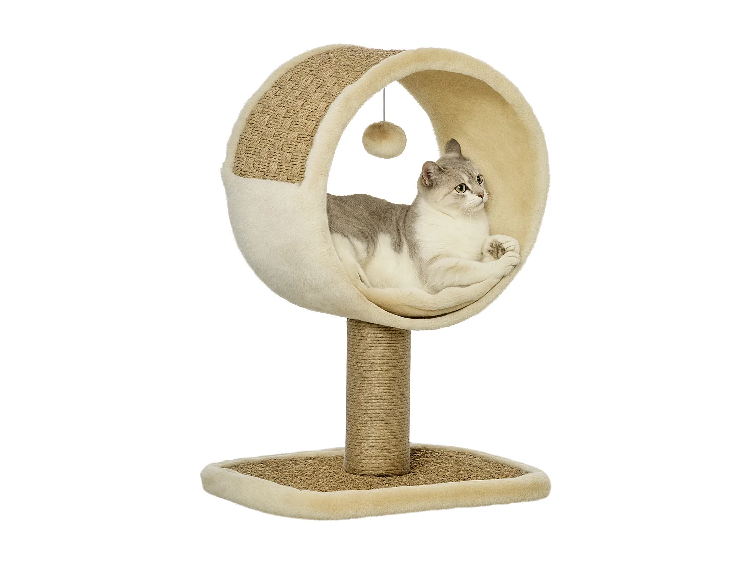 Arbre à chat rond style cosy chic griffoir grattoirs sisal jeu suspendu souris niche avec coussin cordes d'algues tressées peluche courte beige