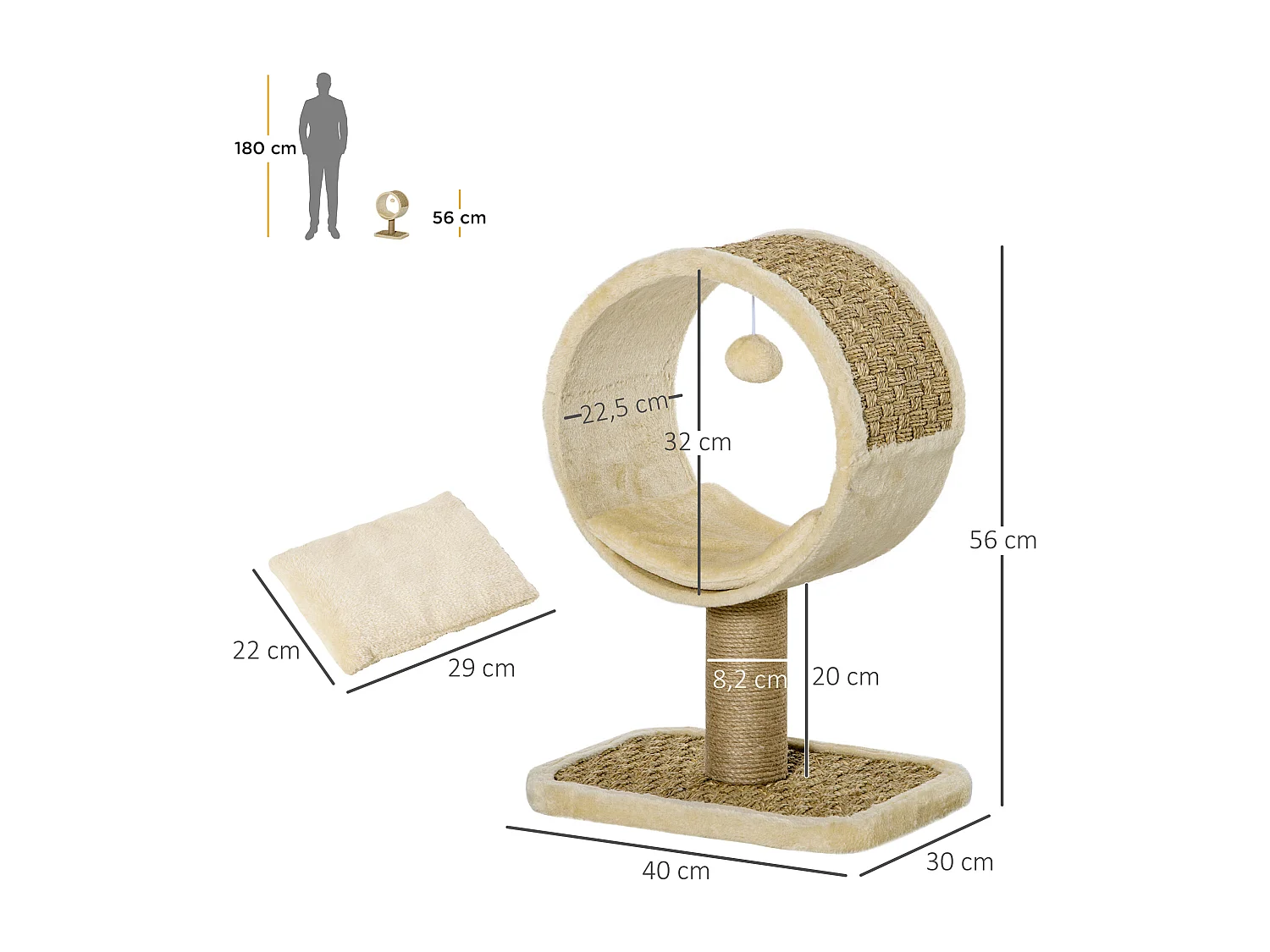 Arbre à chat rond style cosy chic griffoir grattoirs sisal jeu suspendu souris niche avec coussin cordes d'algues tressées peluche courte beige