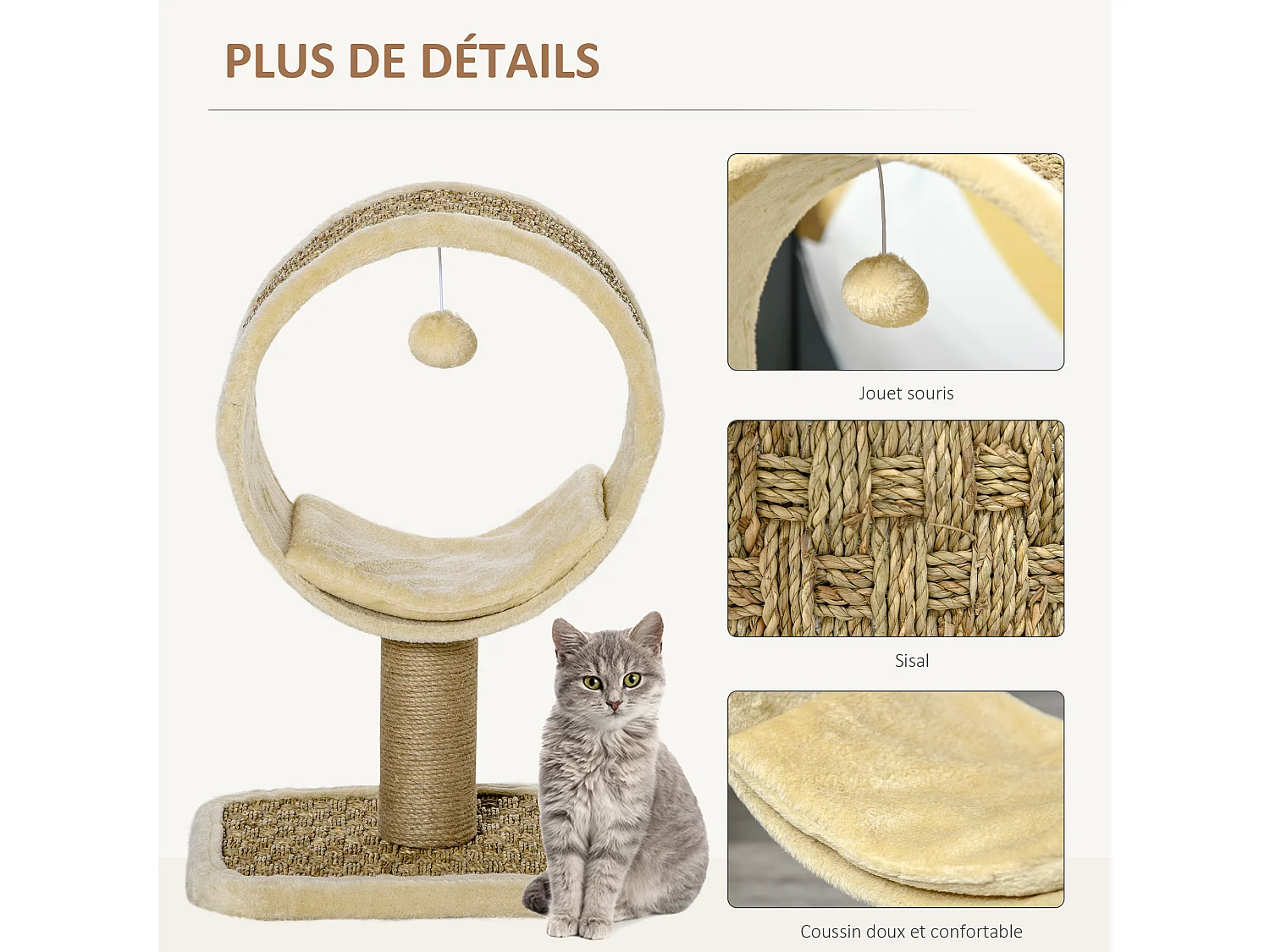 Arbre à chat rond style cosy chic griffoir grattoirs sisal jeu suspendu souris niche avec coussin cordes d'algues tressées peluche courte beige