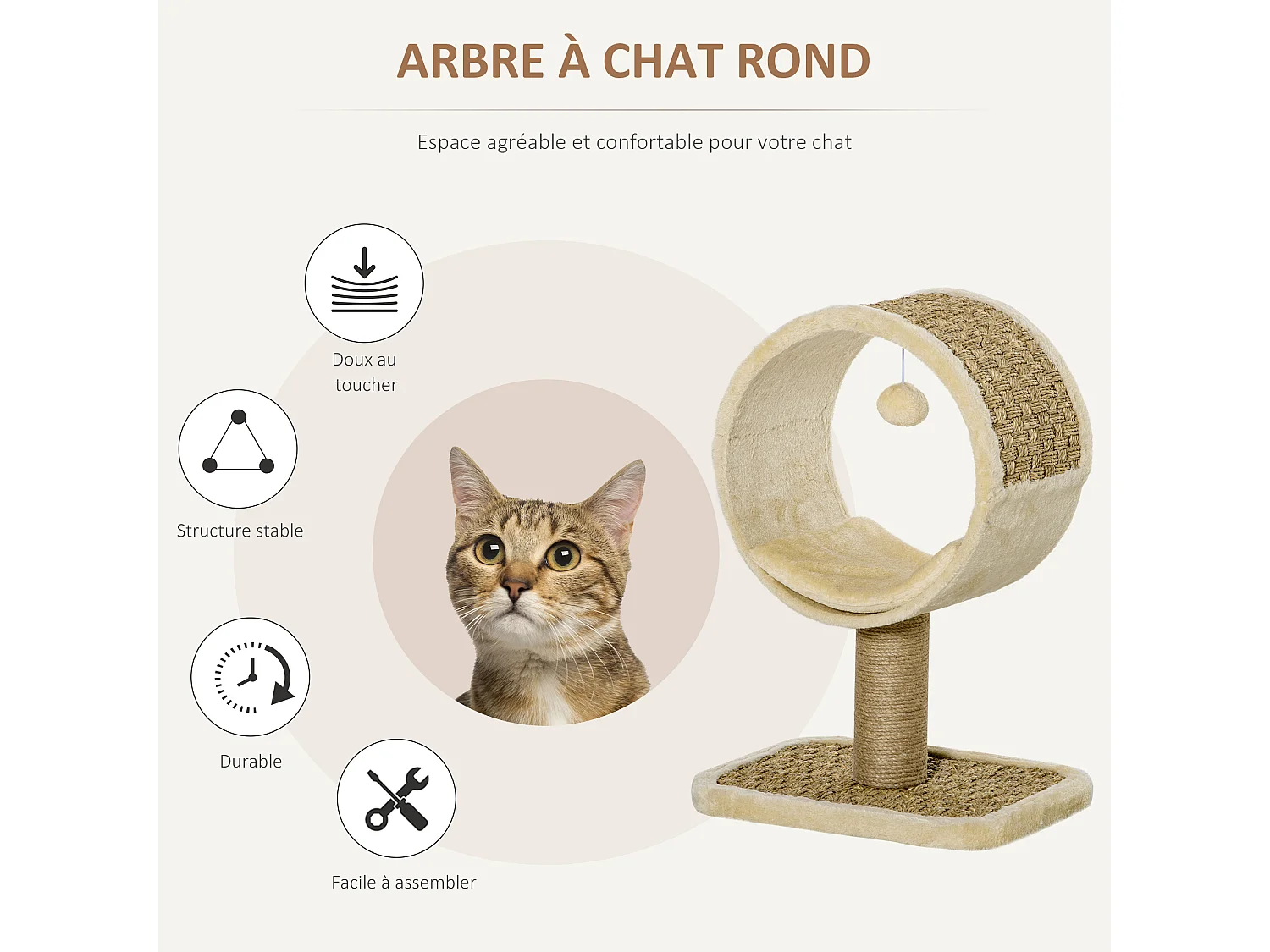 Arbre à chat rond style cosy chic griffoir grattoirs sisal jeu suspendu souris niche avec coussin cordes d'algues tressées peluche courte beige