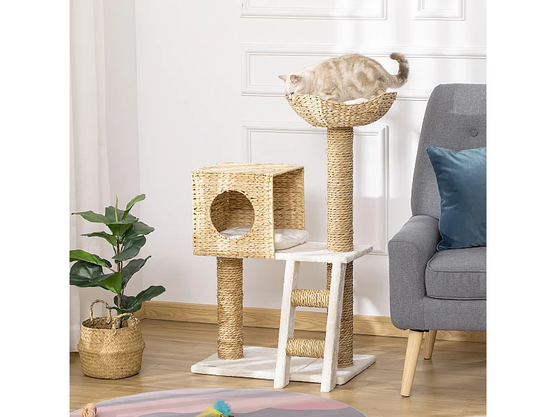 Arbre à chat style cosy chic griffoirs quenouille échelle niche panier 2 coussins inclus peluche courte polyester haute densité crème beige