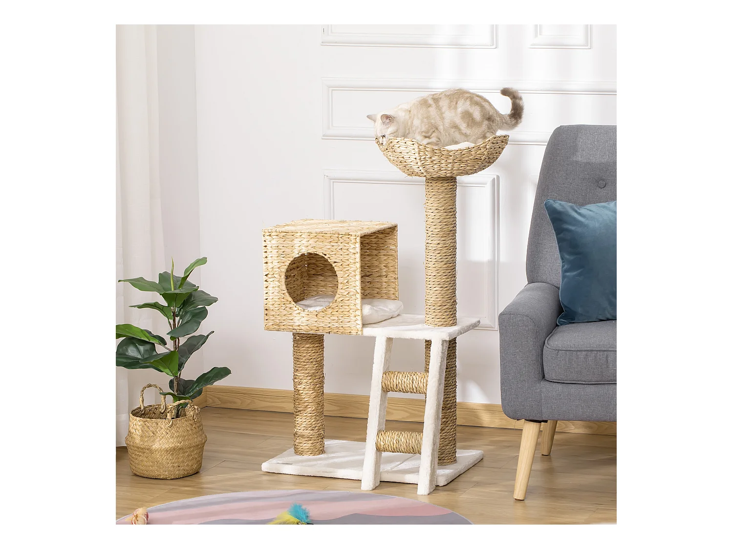 Arbre à chat style cosy chic griffoirs quenouille échelle niche panier 2 coussins inclus peluche courte polyester haute densité crème beige