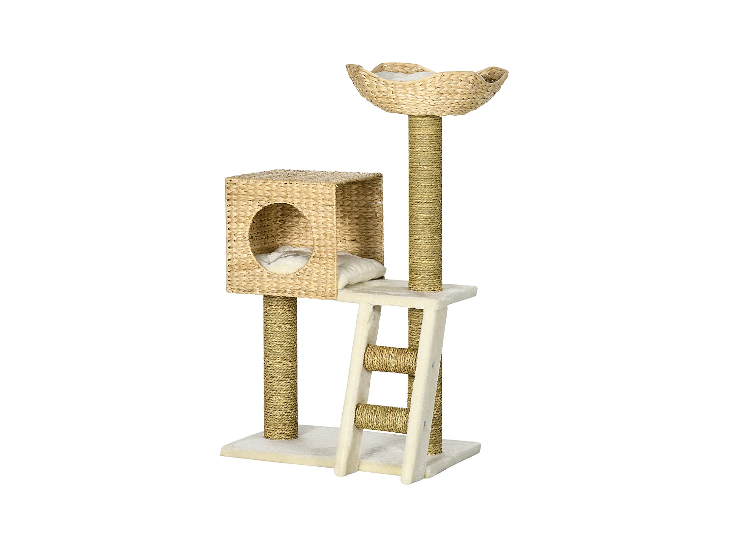 Arbre à chat style cosy chic griffoirs quenouille échelle niche panier 2 coussins inclus peluche courte polyester haute densité crème beige