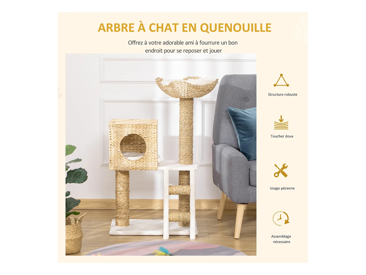 Arbre à chat style cosy chic griffoirs quenouille échelle niche panier 2 coussins inclus peluche courte polyester haute densité crème beige