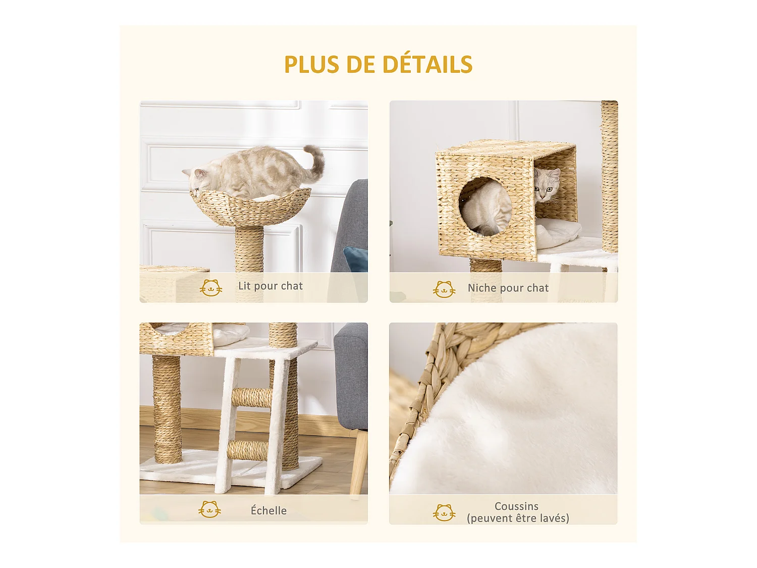 Arbre à chat style cosy chic griffoirs quenouille échelle niche panier 2 coussins inclus peluche courte polyester haute densité crème beige