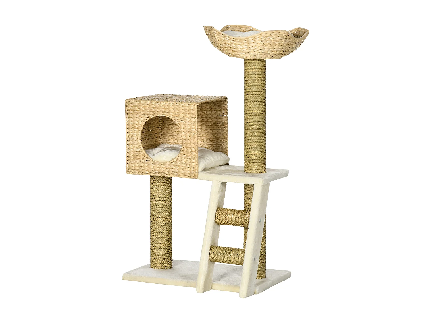 Arbre à chat style cosy chic griffoirs quenouille échelle niche panier 2 coussins inclus peluche courte polyester haute densité crème beige
