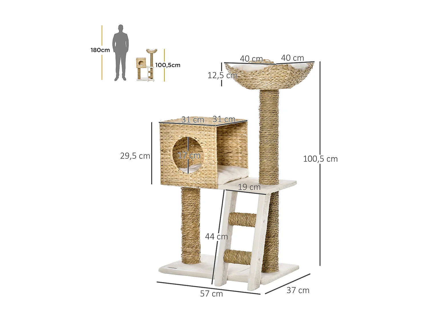 Arbre à chat style cosy chic griffoirs quenouille échelle niche panier 2 coussins inclus peluche courte polyester haute densité crème beige