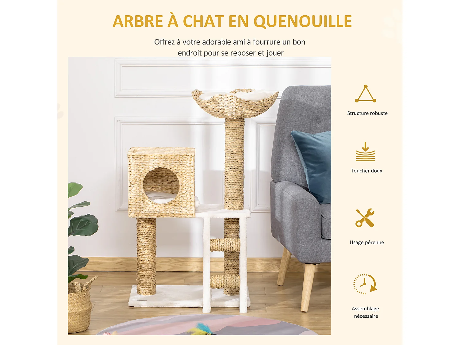 Arbre à chat style cosy chic griffoirs quenouille échelle niche panier 2 coussins inclus peluche courte polyester haute densité crème beige