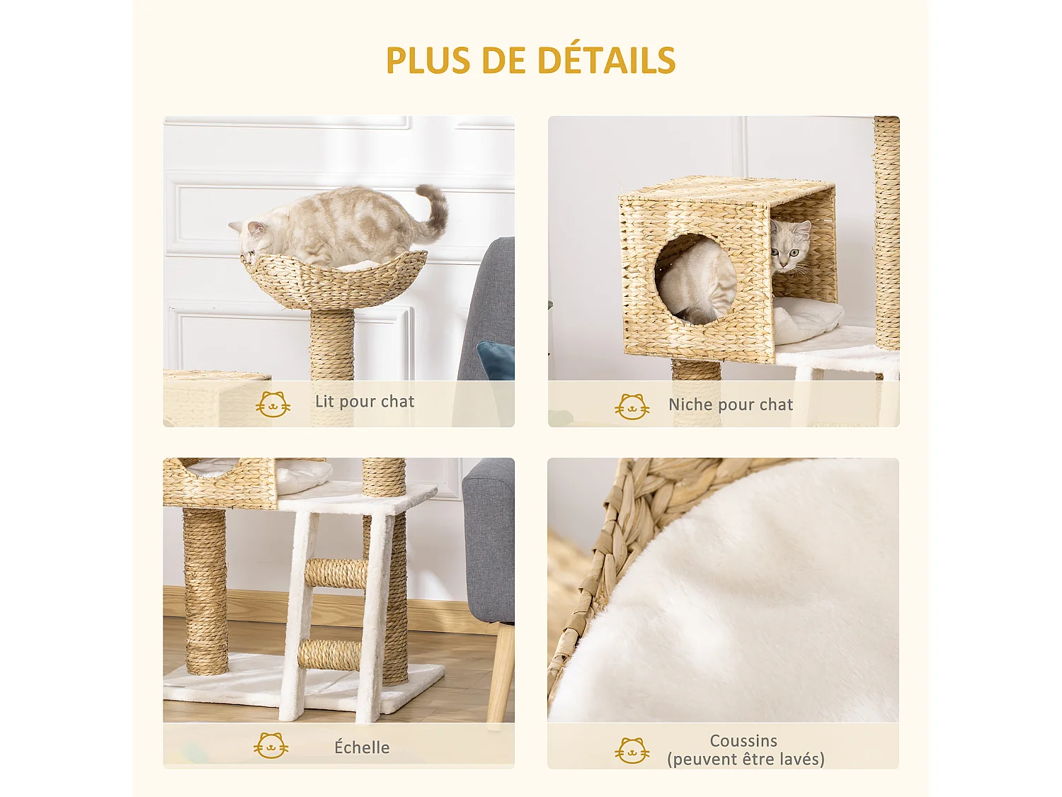 Arbre à chat style cosy chic griffoirs quenouille échelle niche panier 2 coussins inclus peluche courte polyester haute densité crème beige