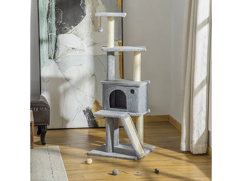 Arbre à chat centre d'activités multi-équipé griffoirs grattoir jeu boule suspendue niche housse amovible plateformes gris