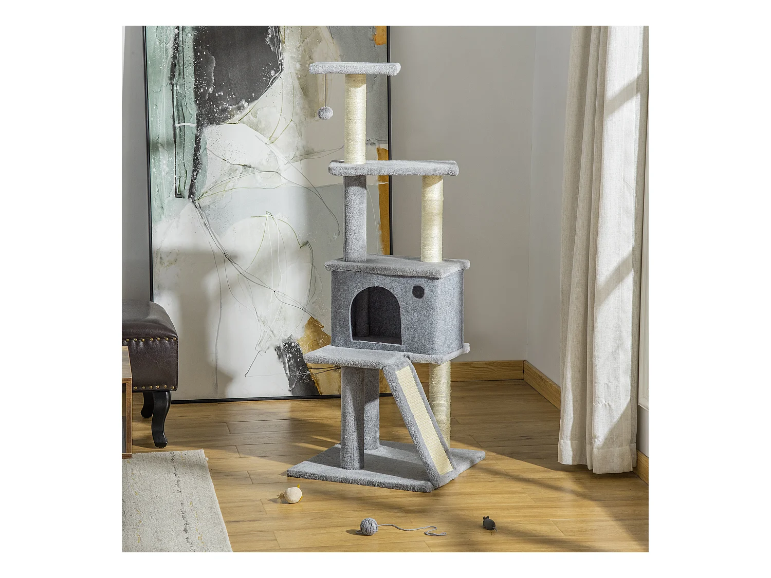 Arbre à chat centre d'activités multi-équipé griffoirs grattoir jeu boule suspendue niche housse amovible plateformes gris