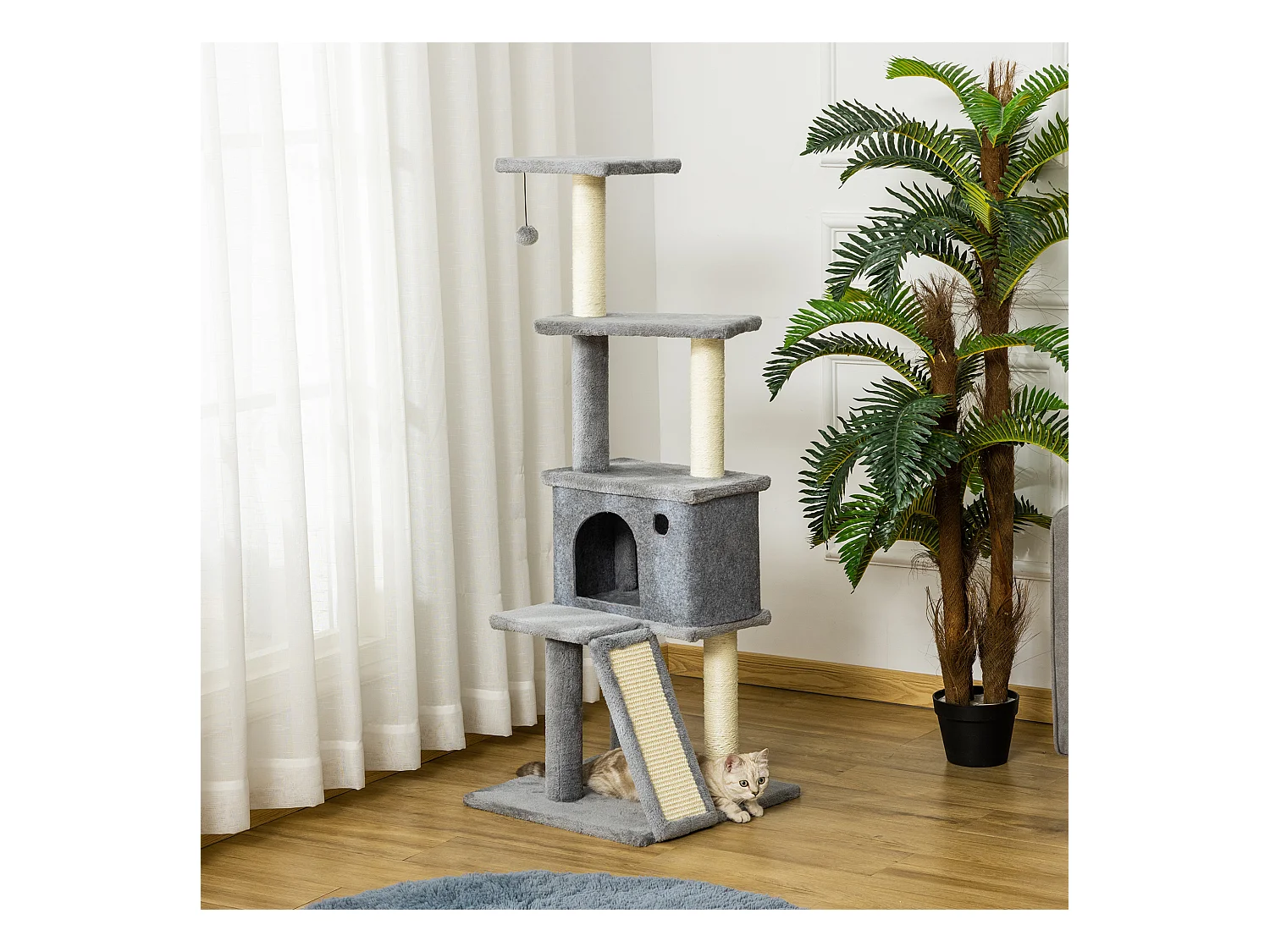 Arbre à chat centre d'activités multi-équipé griffoirs grattoir jeu boule suspendue niche housse amovible plateformes gris