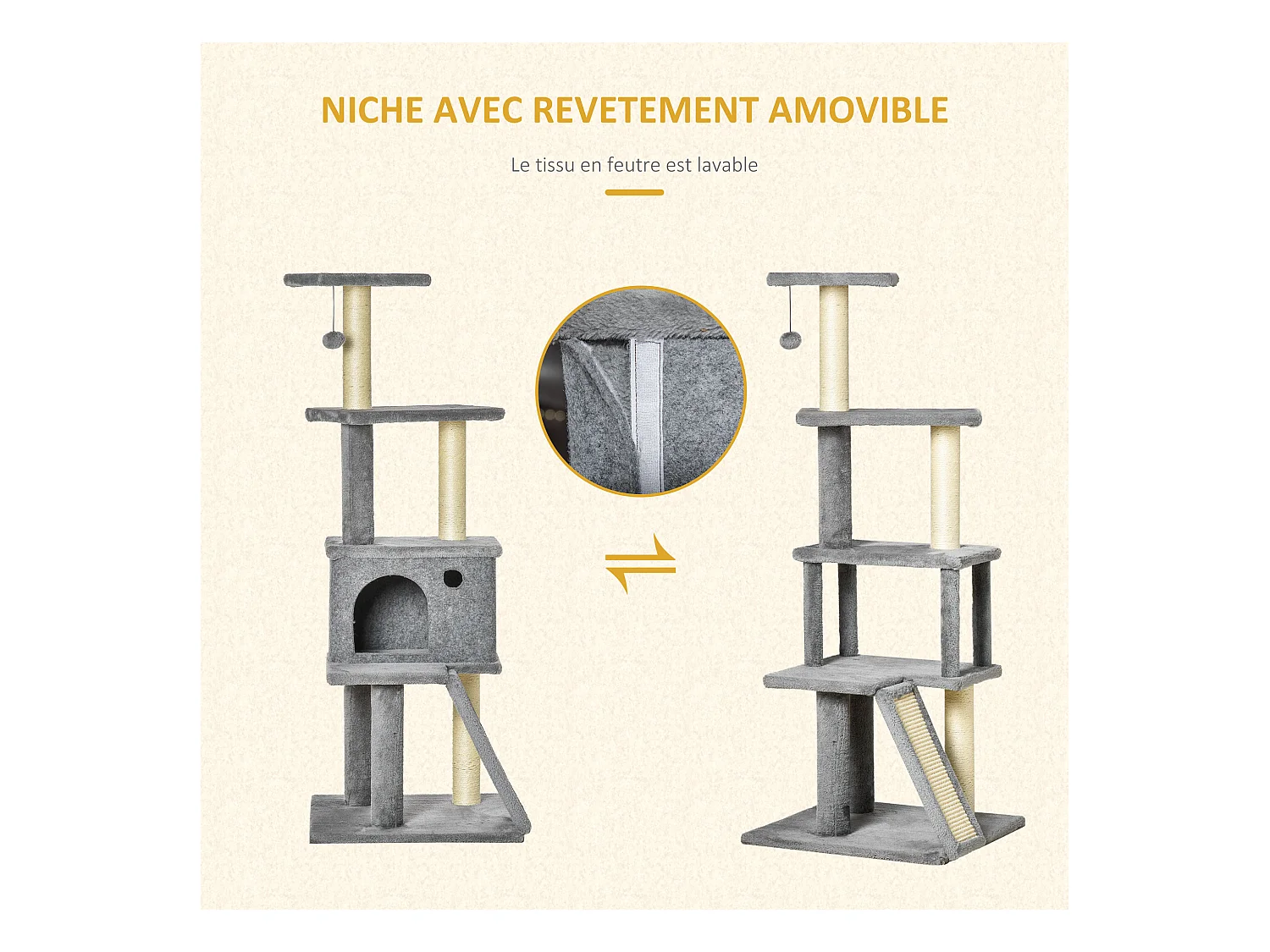 Arbre à chat centre d'activités multi-équipé griffoirs grattoir jeu boule suspendue niche housse amovible plateformes gris