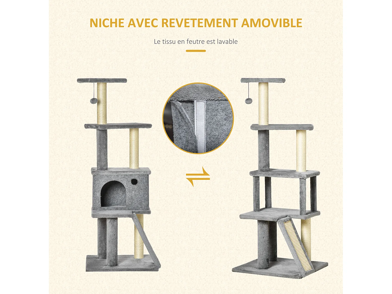 Arbre à chat centre d'activités multi-équipé griffoirs grattoir jeu boule suspendue niche housse amovible plateformes gris