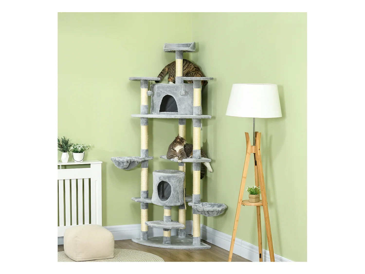 Arbre à chat multi-équipement griffoirs 2 niches 2 hamacs plateformes boules suspendues corde peluche grise