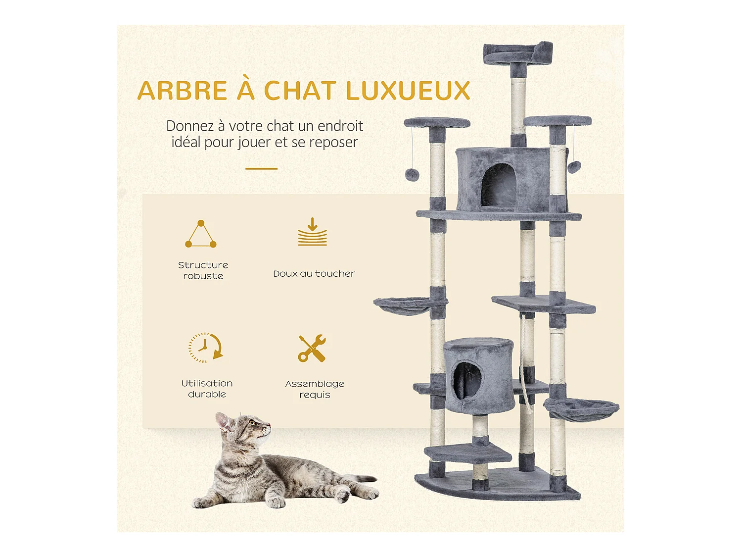 Arbre à chat multi-équipement griffoirs 2 niches 2 hamacs plateformes boules suspendues corde peluche grise