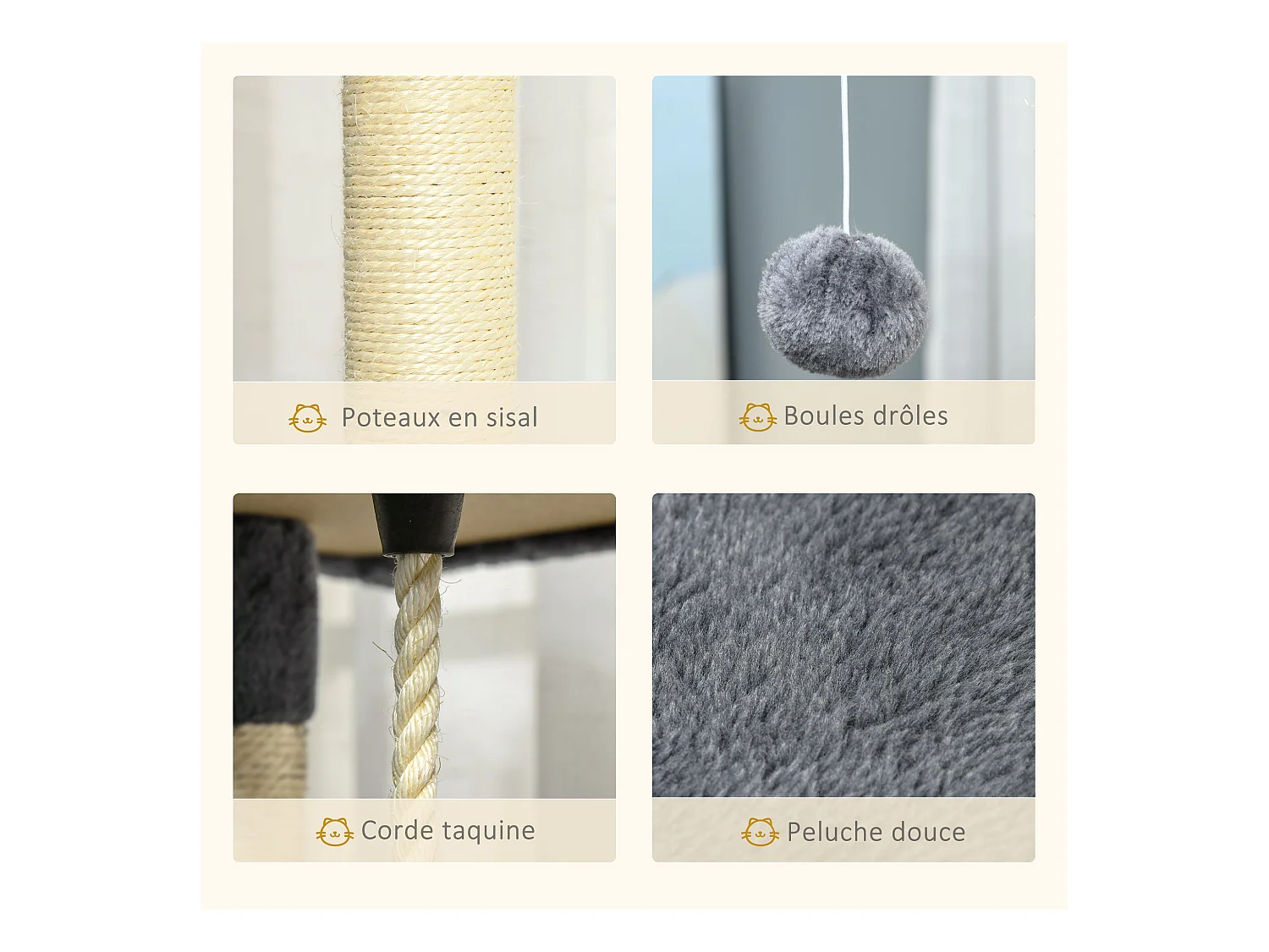 Arbre à chat multi-équipement griffoirs 2 niches 2 hamacs plateformes boules suspendues corde peluche grise