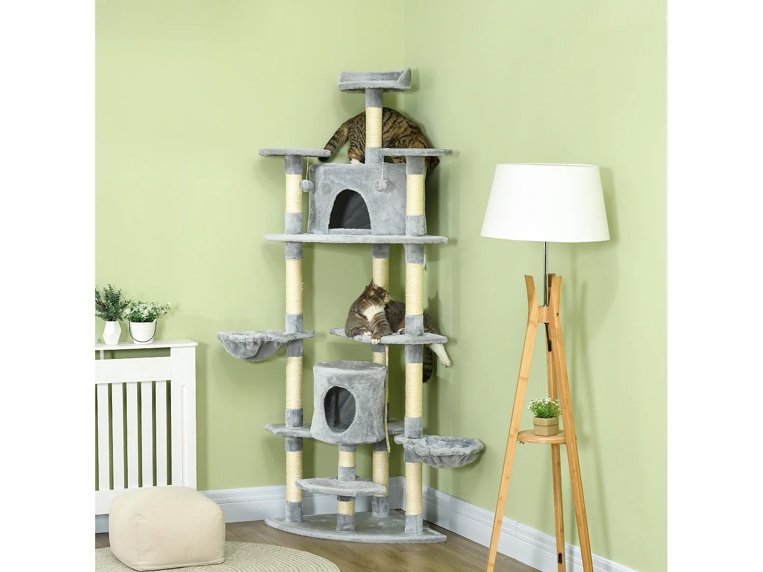 Arbre à chat multi-équipement griffoirs 2 niches 2 hamacs plateformes boules suspendues corde peluche grise