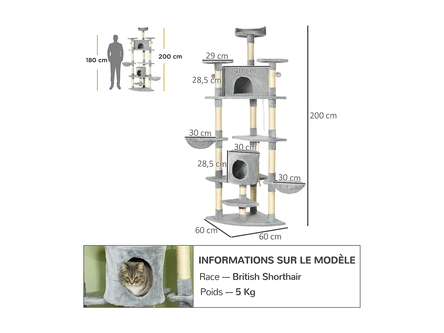 Arbre à chat multi-équipement griffoirs 2 niches 2 hamacs plateformes boules suspendues corde peluche grise