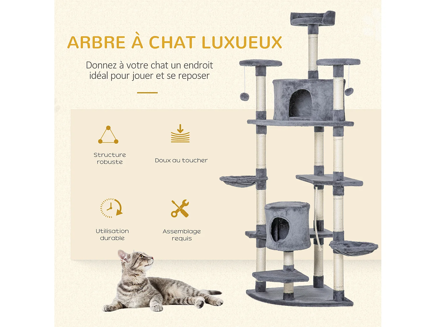 Arbre à chat multi-équipement griffoirs 2 niches 2 hamacs plateformes boules suspendues corde peluche grise