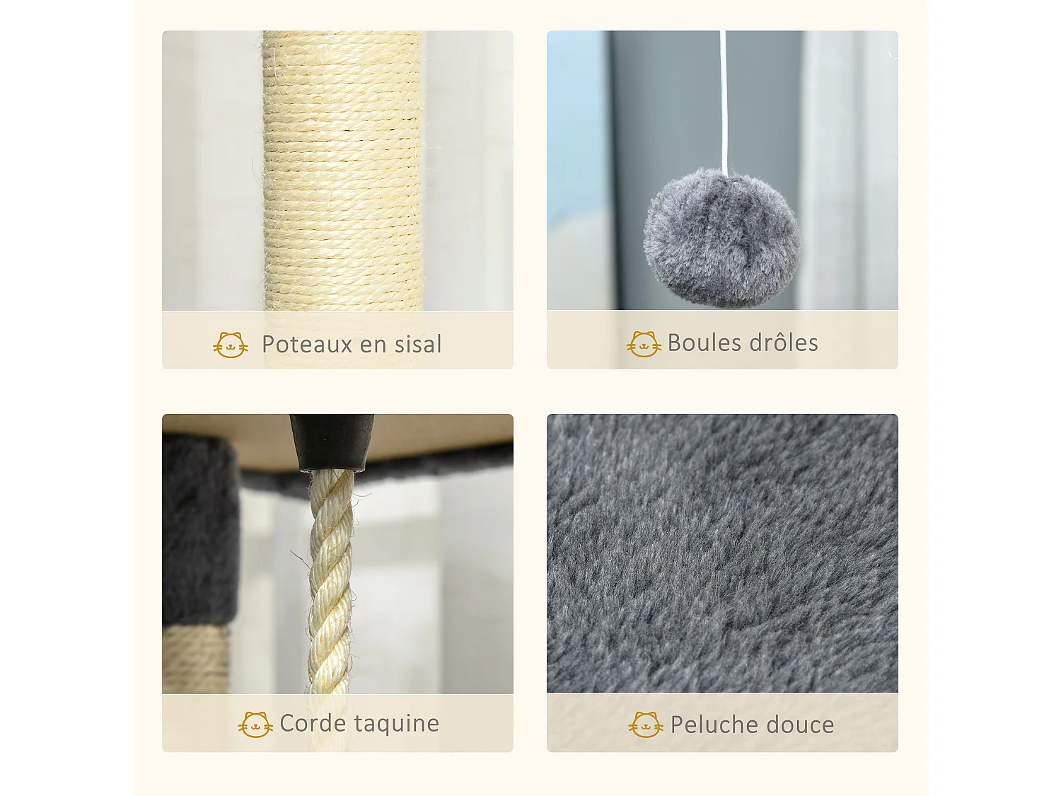 Arbre à chat multi-équipement griffoirs 2 niches 2 hamacs plateformes boules suspendues corde peluche grise