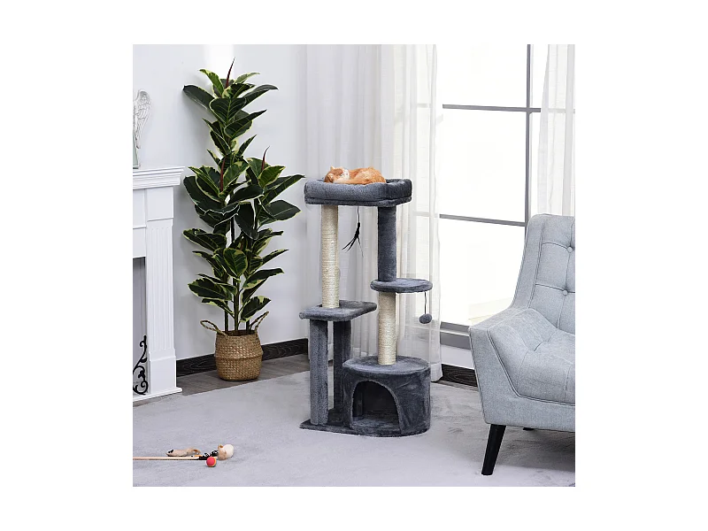 Arbre à chats avec griffoirs grattoirs sisal naturel centre d'activités niche plateformes 2 jouets suspendus gris